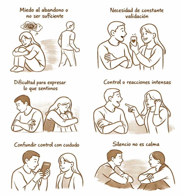 Miedo al abandono o a no ser suficiente. Necesidad constante de validación. Dificultad para expresar lo que sentimos (callando o reaccionando intensamente) Confundir control con cuidado, o silencio con calma.
